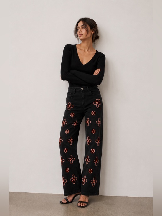 Pants - Blogger favorite Black Embroidered Straight Leg High Waist Statement Jeans
